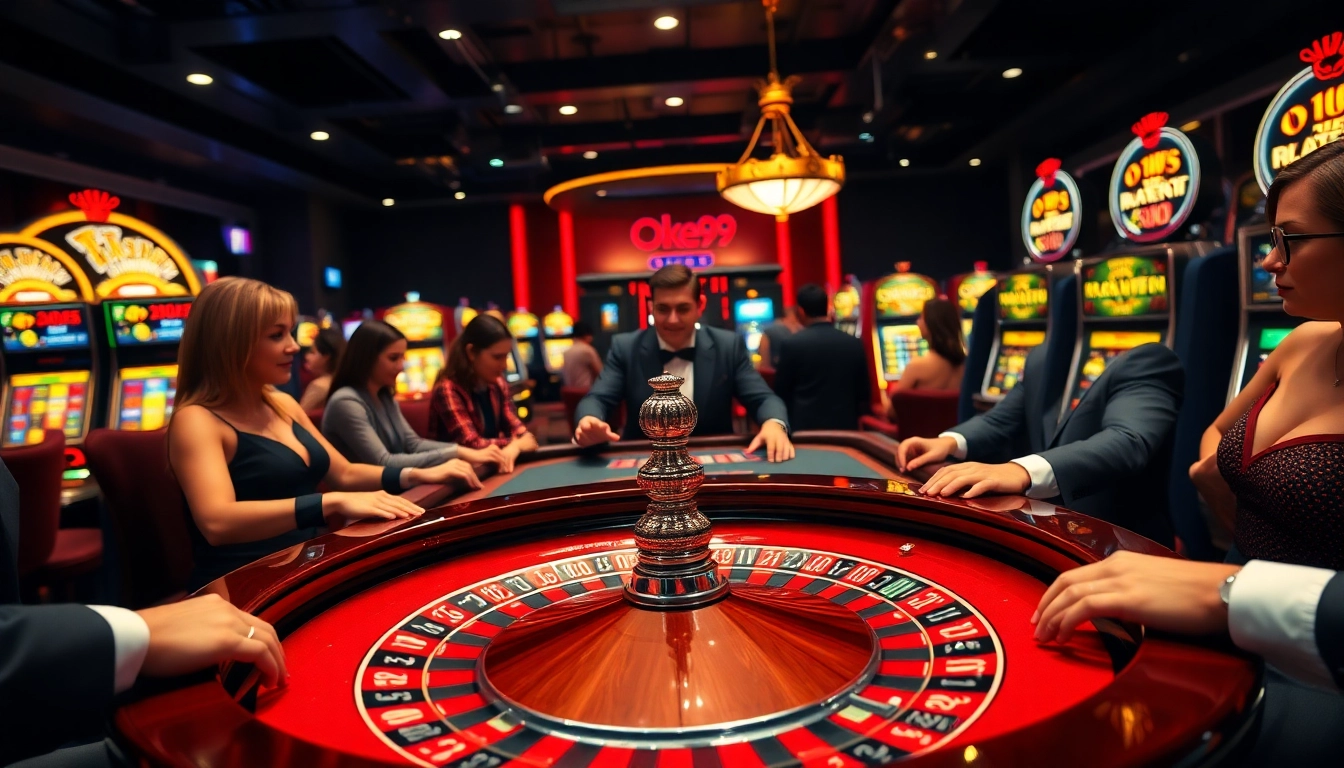 Experience the excitement of Oke99 with vibrant casino games and glamorous players at the roulette table.