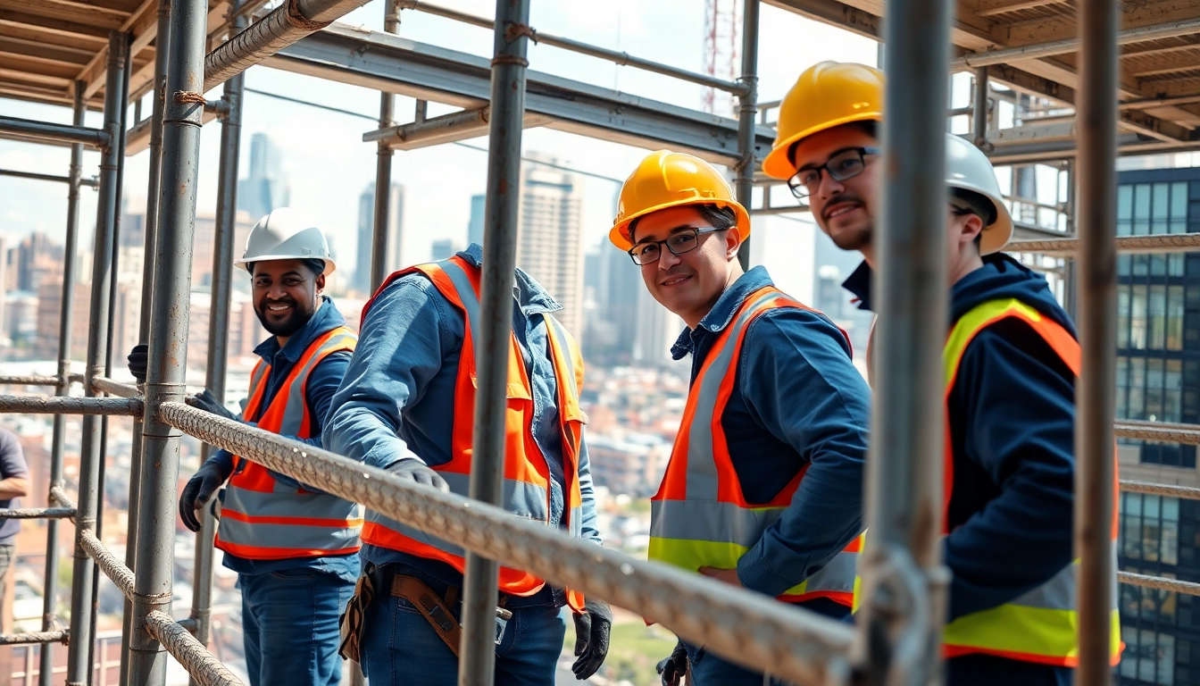 Scaffolders Manchester demonstrating teamwork on a vibrant construction site.