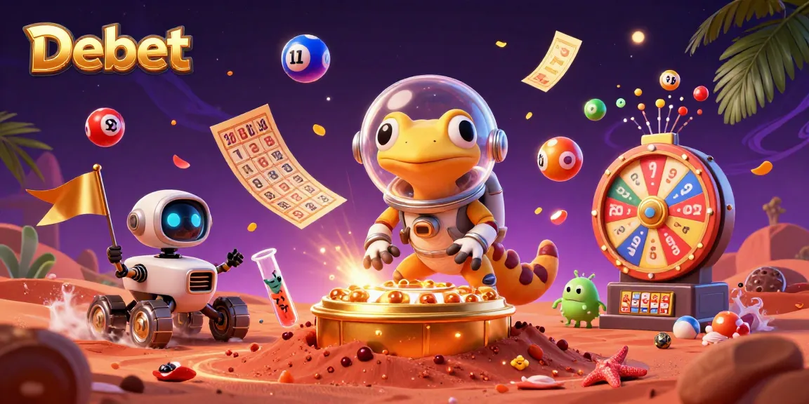 Experience bonuses and vibrant games at Debet, where the Martian gecko explores a golden casino.