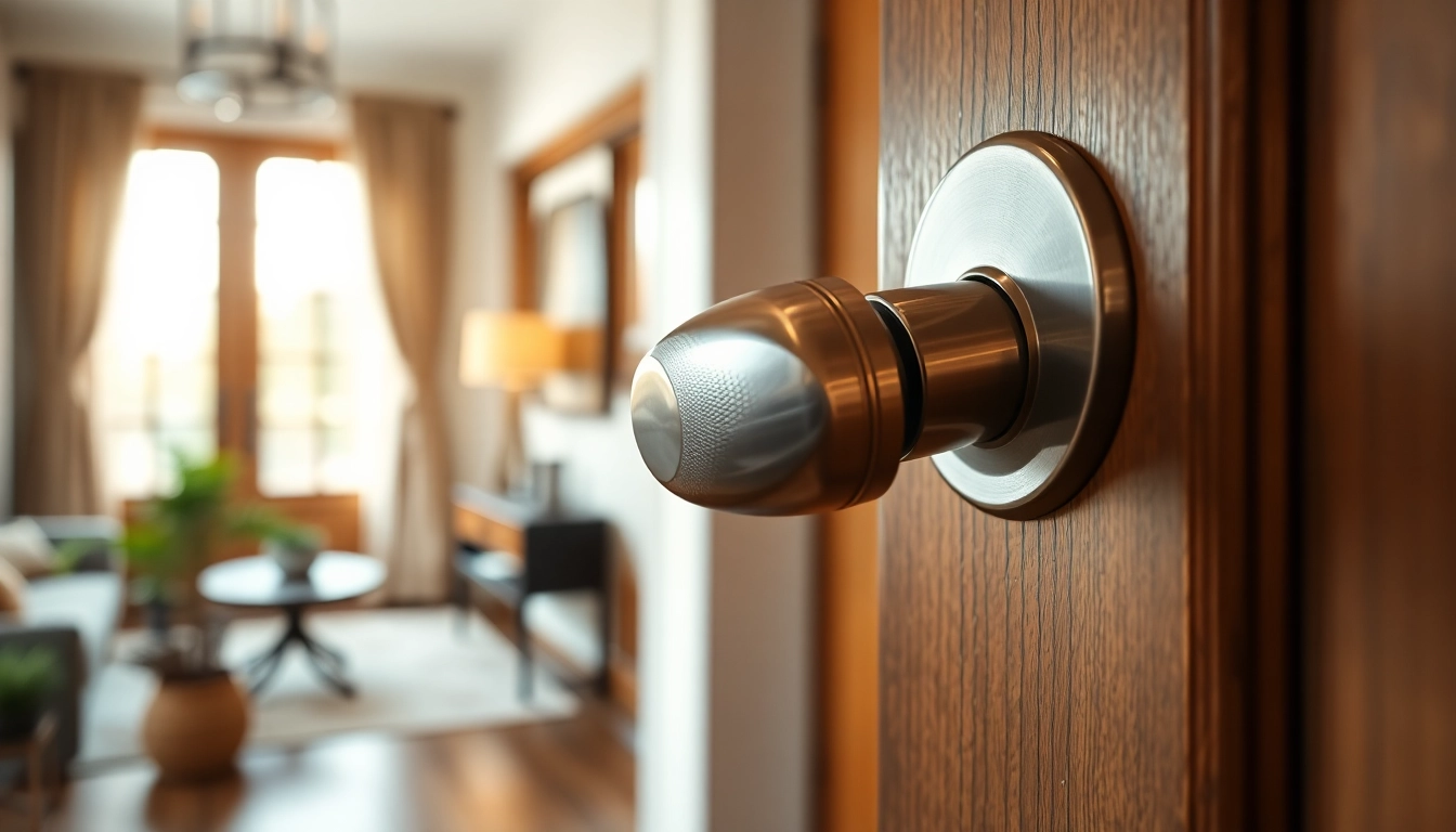 Showcase the elegant door handle with polished metallic finish against a soft background.