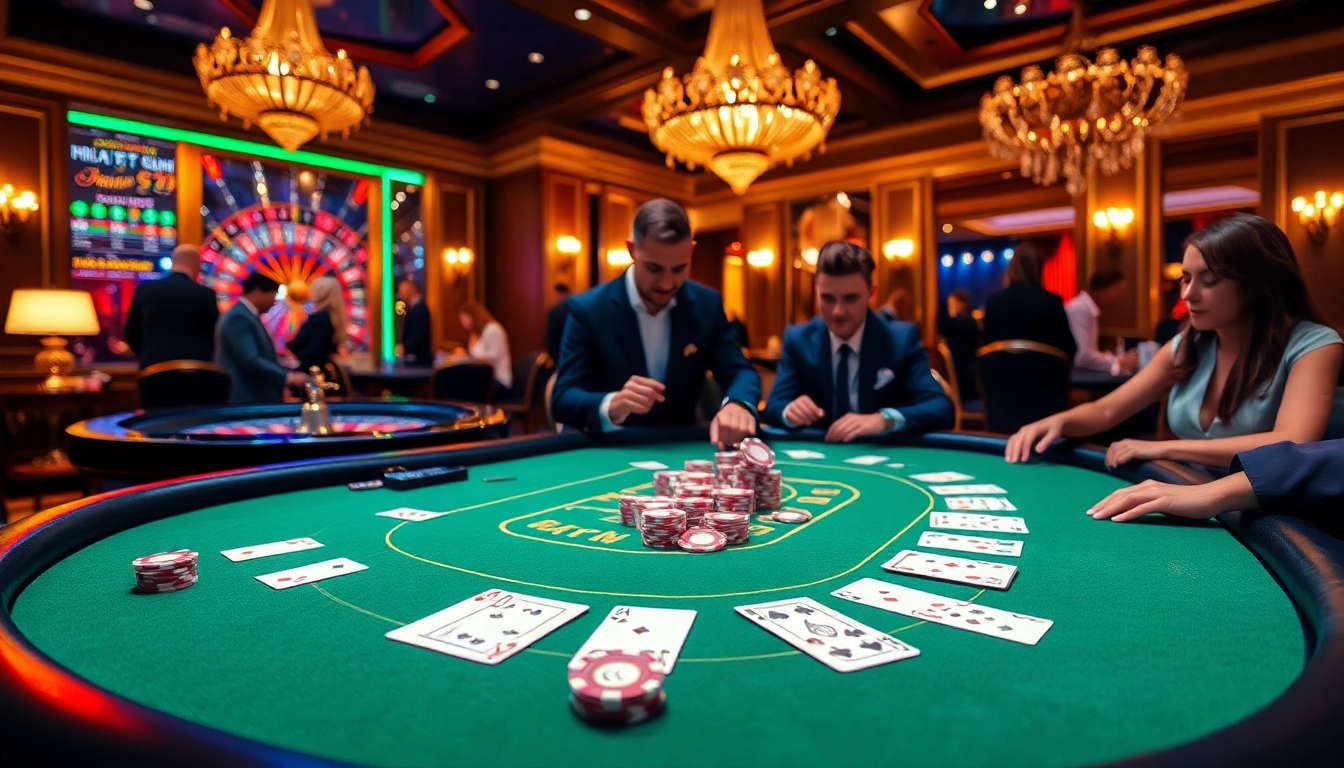 Experience thrilling gameplay at hm88 with a vibrant casino scene featuring poker and roulette.