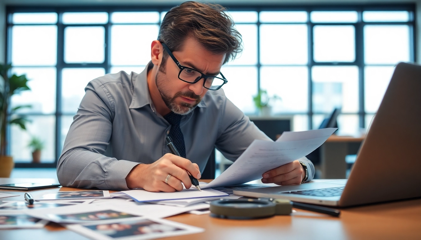 Investigating evidence for infidelity private investigation in a focused office environment.