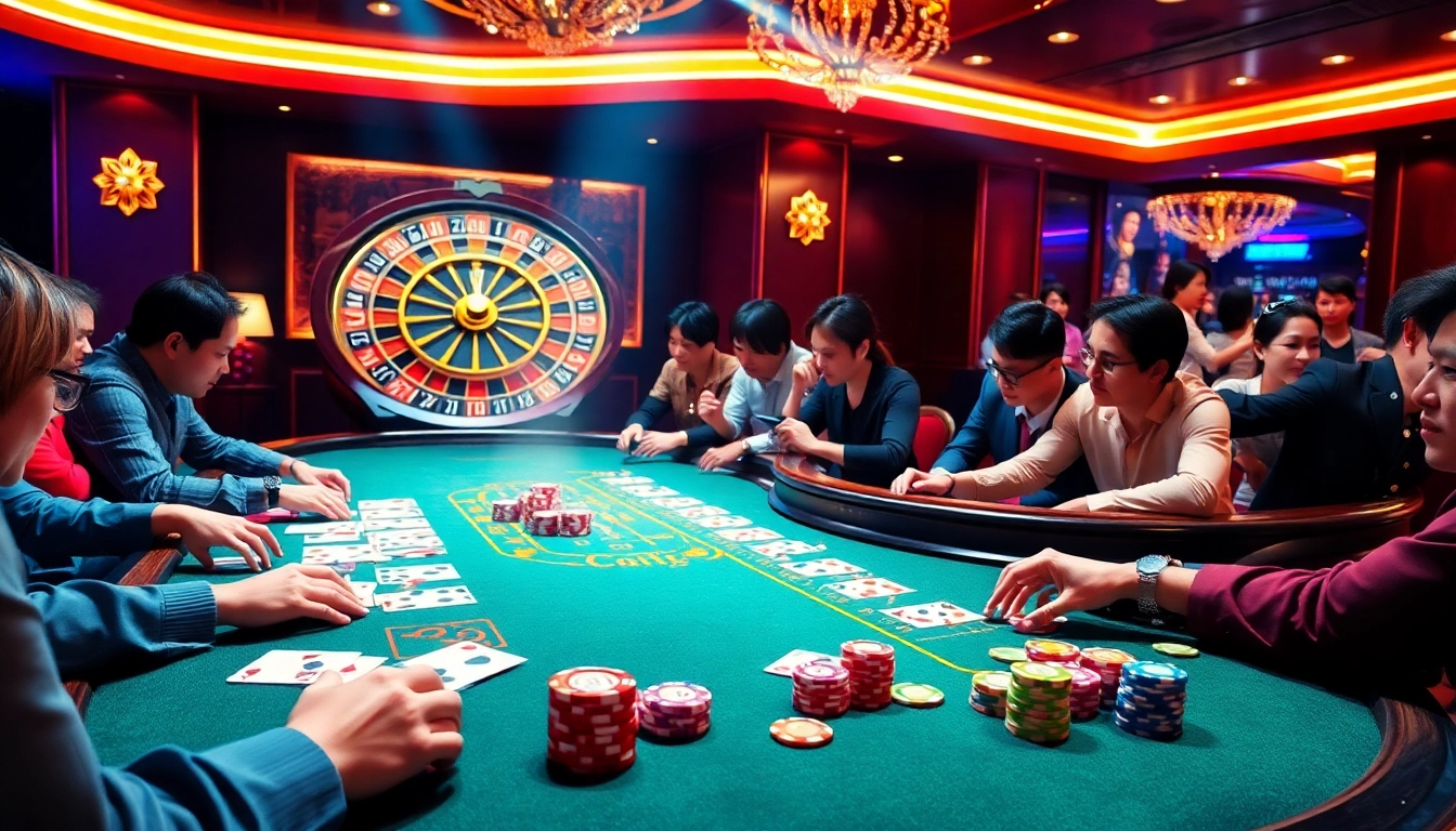 Exciting poker game scene featuring g88 chips in a luxury casino environment