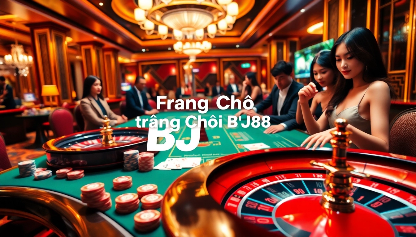 Engaged players enjoying thrilling games at Trang Chủ BJ88 casino, featuring poker chips and roulette.