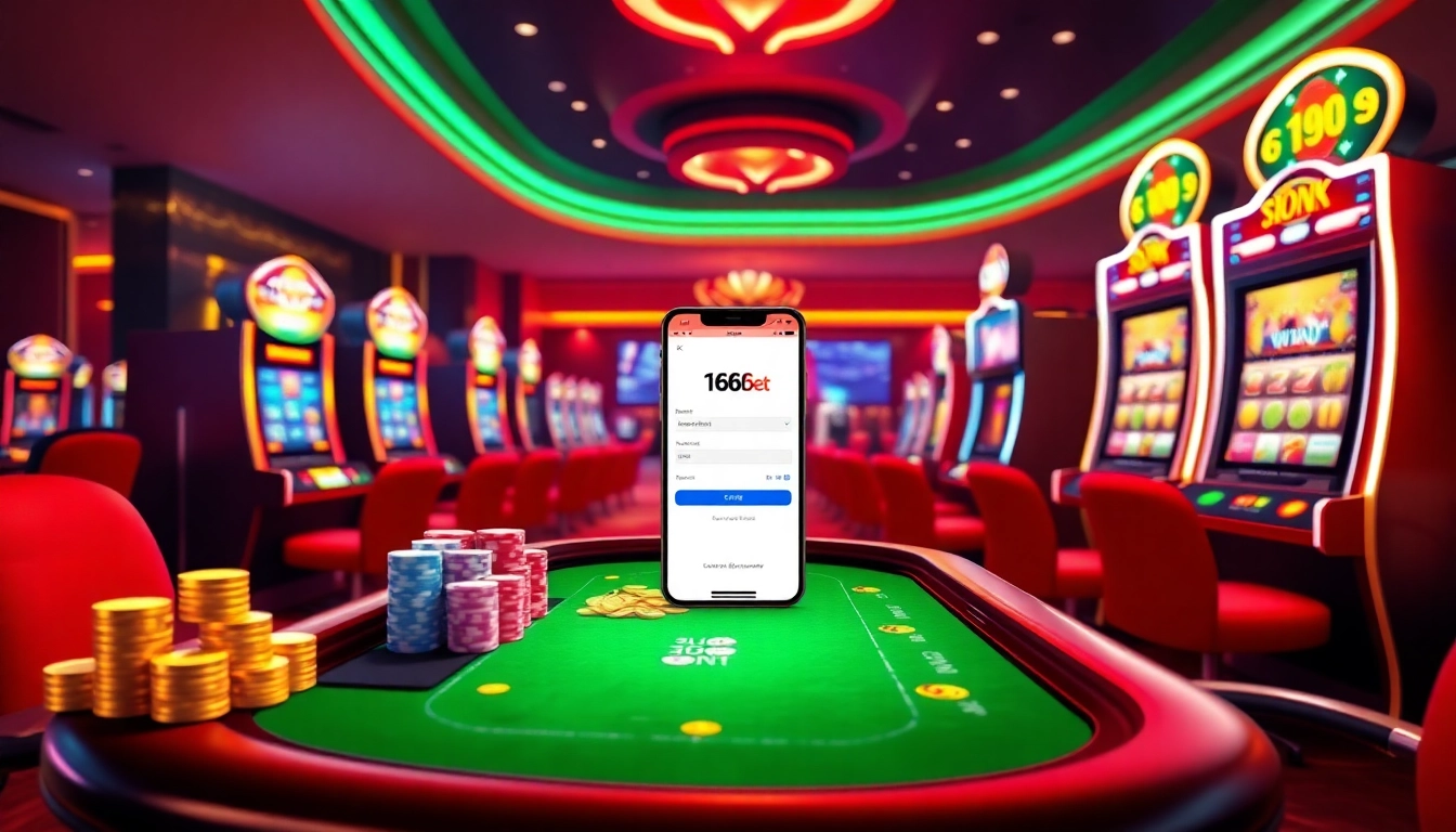 Experience seamless 166bet Login with a vibrant casino scene featuring poker chips and slot machines.