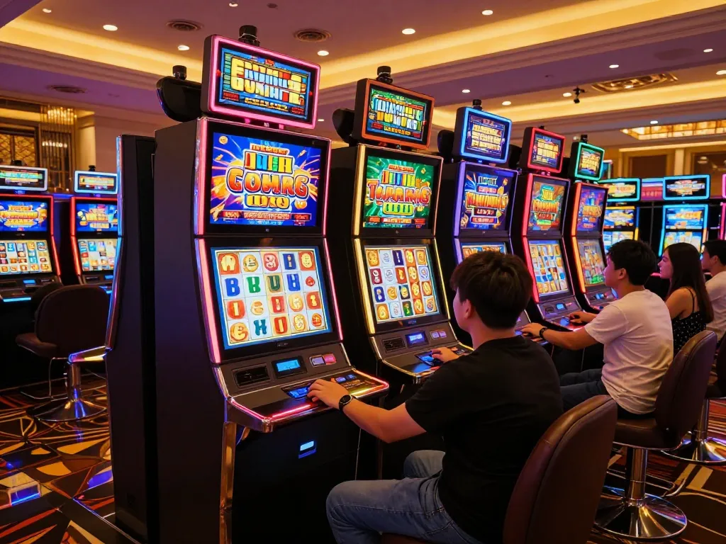 Experience thrilling wins at Slot Malaysia's vibrant casino floor, where players engage with colorful slot machines.