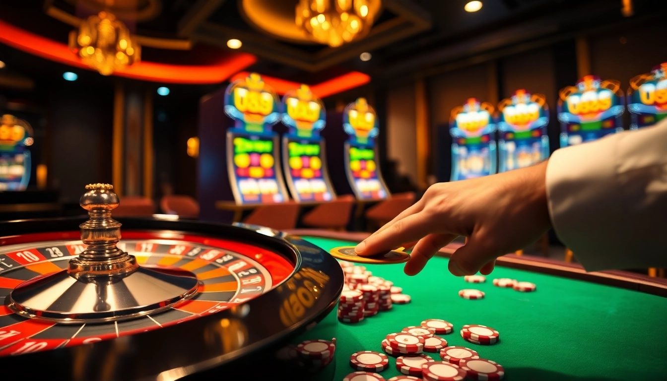 Engaged gamblers at a table featuring u88 poker chips, immersed in an exciting casino atmosphere.