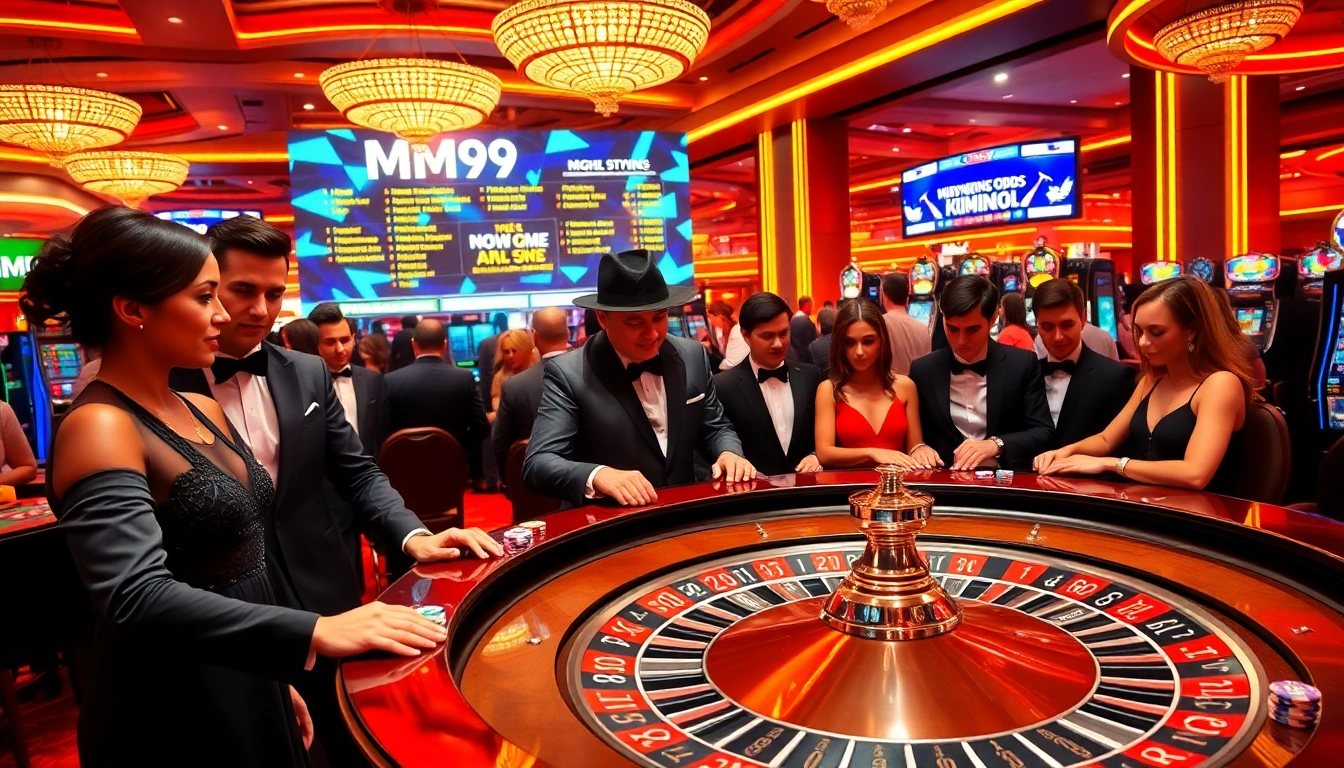Engaged players enjoy a high-stakes game at MM99's luxurious casino, surrounded by vibrant lights.