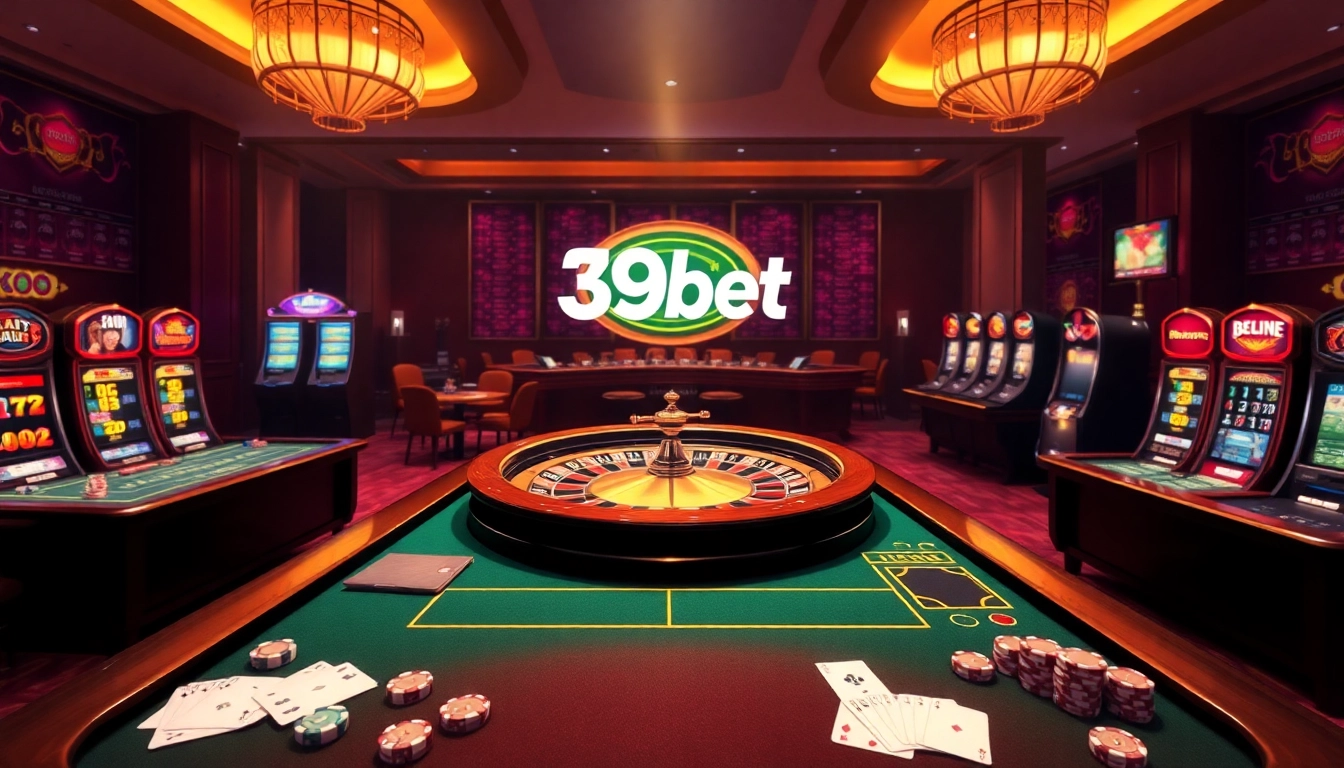 Experience the thrill of gambling with 39bet at a vibrant casino scene filled with roulette and slot machines.