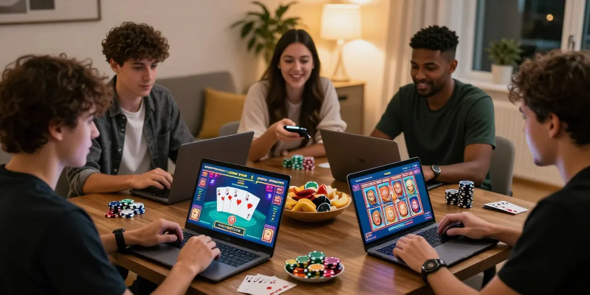 Group of friends enjoying credit card casinos at being-there.org.uk in a cozy living room setup with laptops.