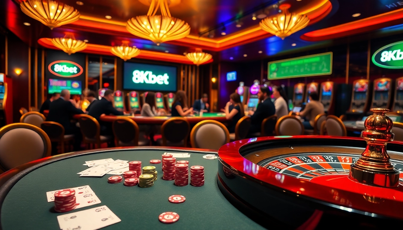 Experience thrilling gameplay at 8kbet with vibrant casino elements and a luxurious poker table setting.