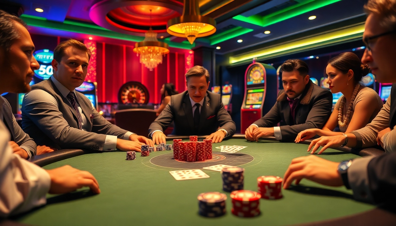 Players immerse in high-stakes poker at sodo66 with lively casino ambiance and luxurious details.