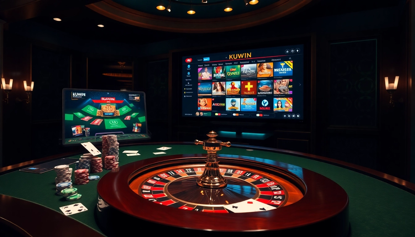 kuwin-inspired casino table showcasing poker chips and roulette wheel in an elegant setting.