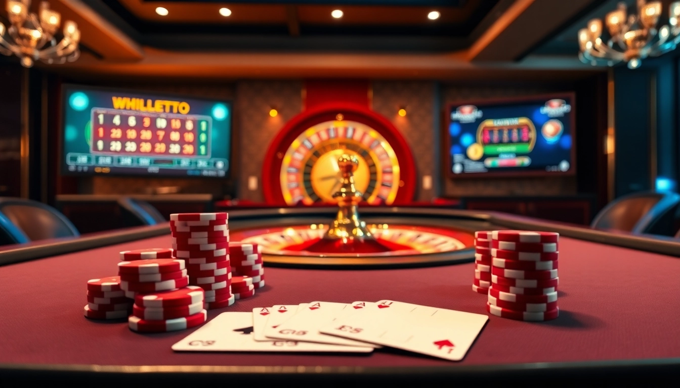 Engaging gambling scene showcasing the Hi88 link mới amidst poker chips and vibrant casino tables.