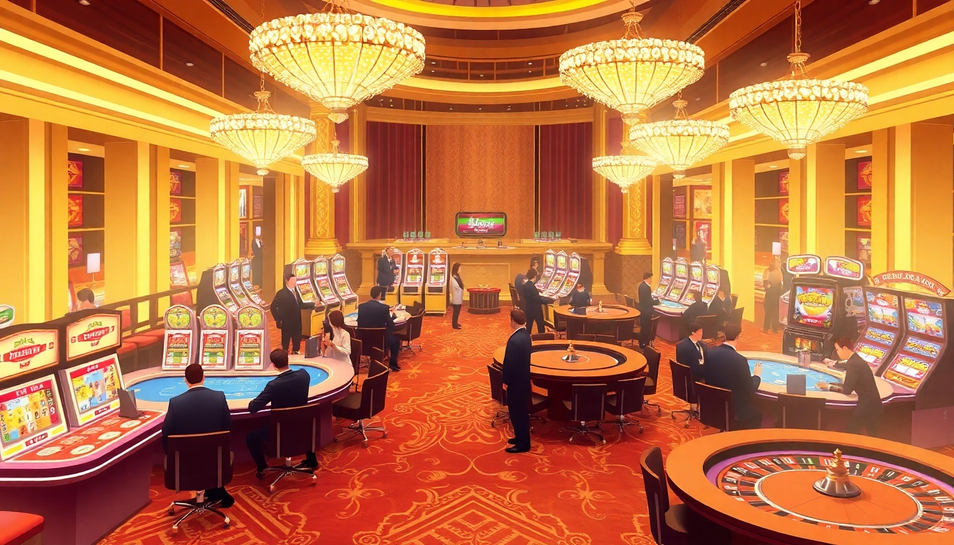 Exciting scene at 23win casino with players at high-stakes blackjack and dazzling slot machines.