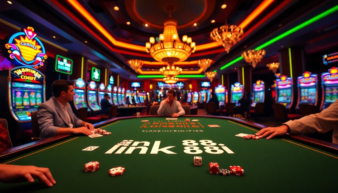 Experience thrilling gaming action at link 88i's glamorous casino with vibrant tables and engaging players.