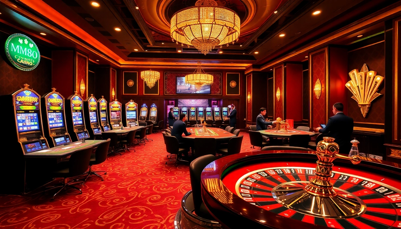 MM88 casino scene with vibrant poker tables and engaging slot machines highlighting a thrilling betting atmosphere.