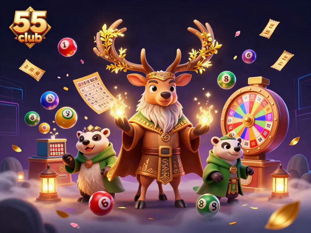 Experience the magic of 55 club with colorful lottery elements and enchanting characters in this vibrant illustration.