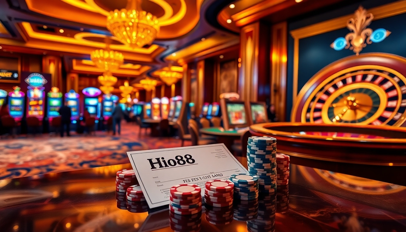 Exciting gambling scene with Hi88 branding showcasing luxury, poker chips, and a spinning roulette.