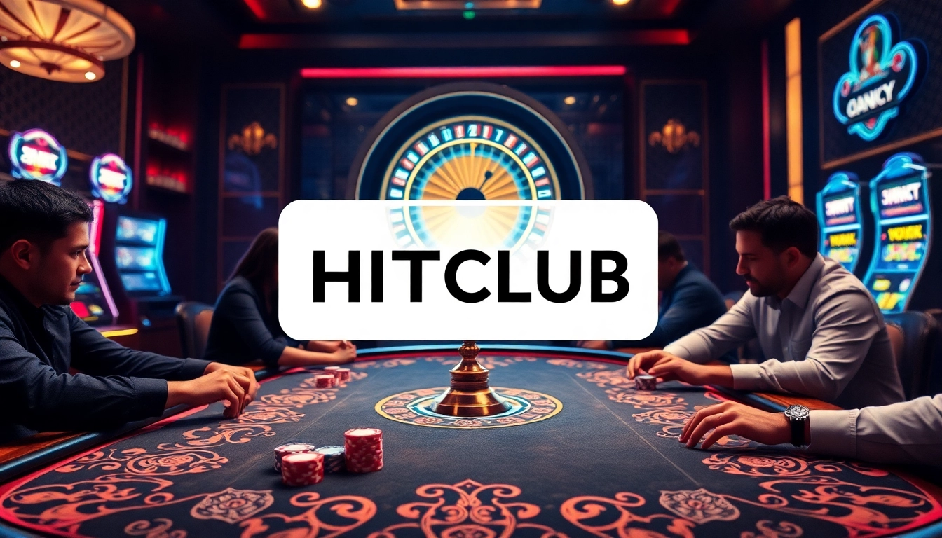 HITCLUB logo showcased in a luxurious casino with players engaged in poker.