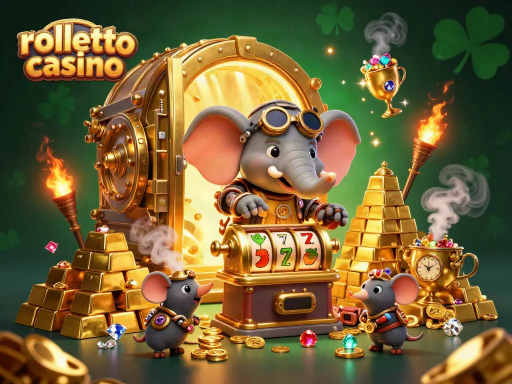 Experience thrilling slots action at rolletto casino with vibrant 3D illustration featuring characters and treasures.