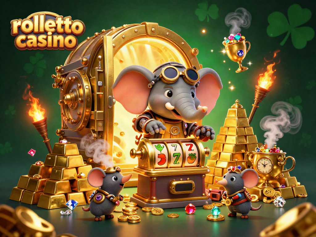 Experience thrilling slots action at rolletto casino with vibrant 3D illustration featuring characters and treasures.