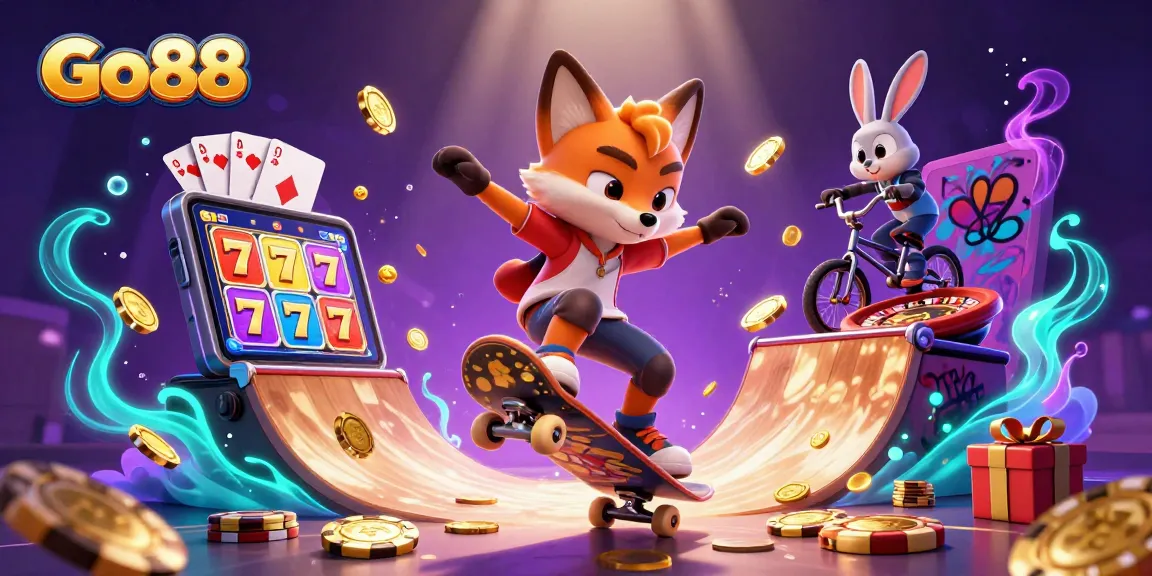 Engage in Go88's vibrant gaming world with skateboarder fox and BMX rabbit surrounded by thrilling slot games.
