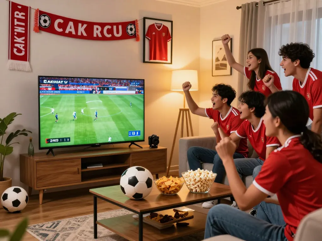 Excited soccer fans celebrating a Cakhiatv live match in a cozy living room.