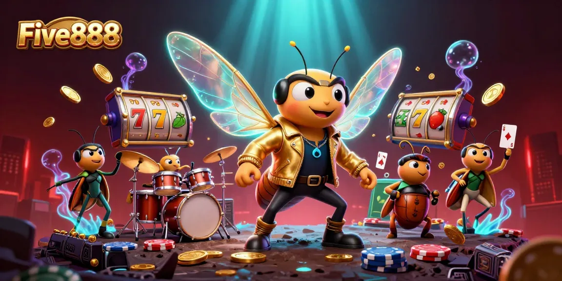 Experience thrilling gameplay with Five888's vibrant casino scene featuring slot games and animated characters.