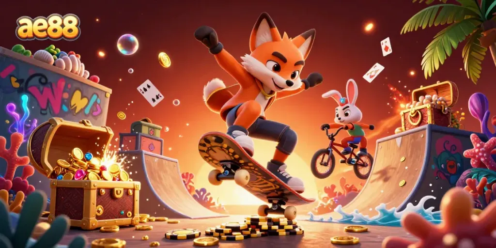 Get ready to play at ae88, featuring a fox and rabbit in a vibrant casino-themed illustration.