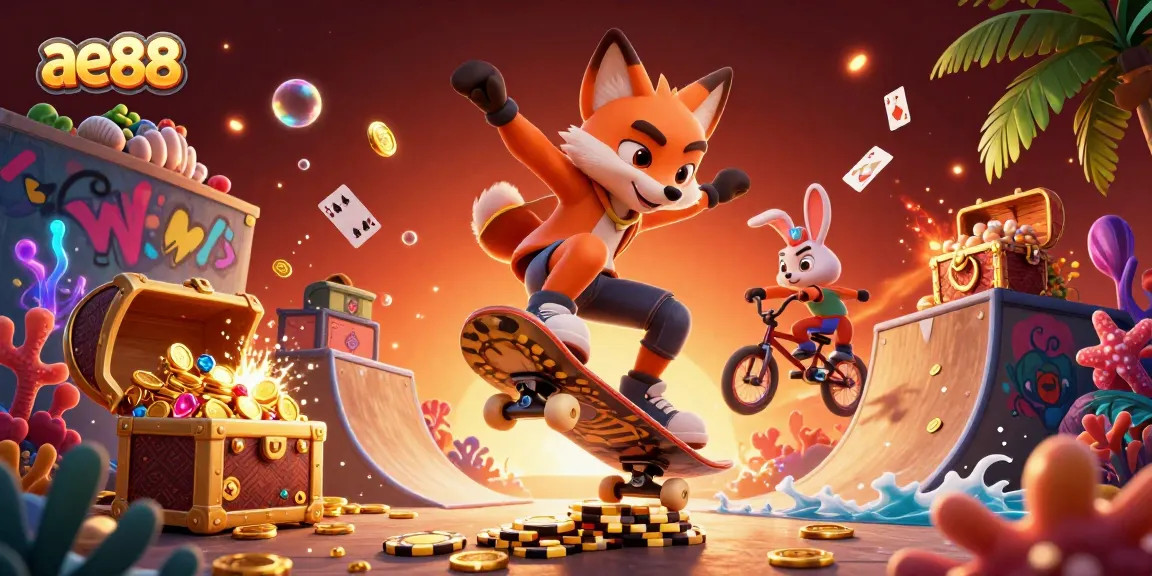 Get ready to play at ae88, featuring a fox and rabbit in a vibrant casino-themed illustration.