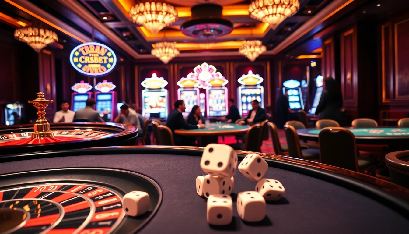Experience TÀI XỈU MD5 gameplay with dice rolling on casino tables in a vibrant atmosphere.
