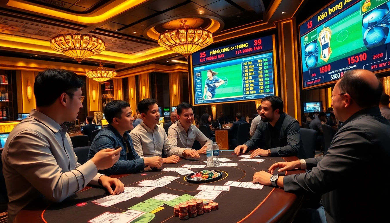 Kèo bóng đá betting scene with players engaging over vibrant betting slips and live soccer odds.