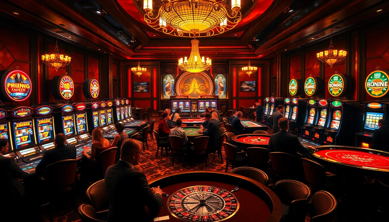 Experience the excitement of thabet casino with players at blackjack and roulette tables.