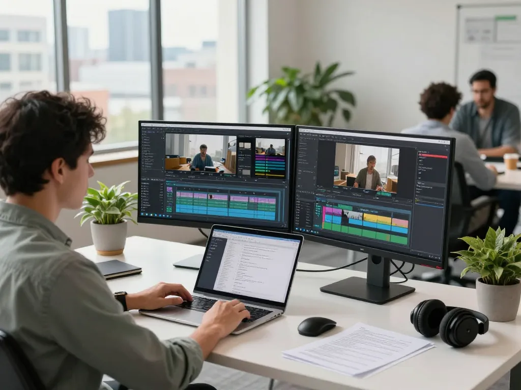 Data analyst using video to prompt technology in a bright office, showcasing AI video analysis process.