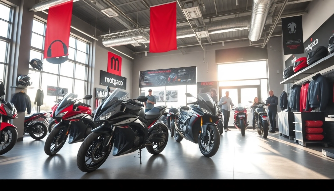 Showroom moto Motopaco avec des motos modernes et du matériel de qualité, ambiance accueillante.