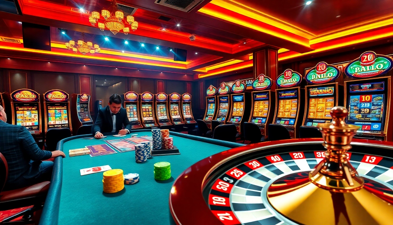 Exciting scene at nhà cái PS99 with poker table, vibrant slot machines, and roulette wheel.