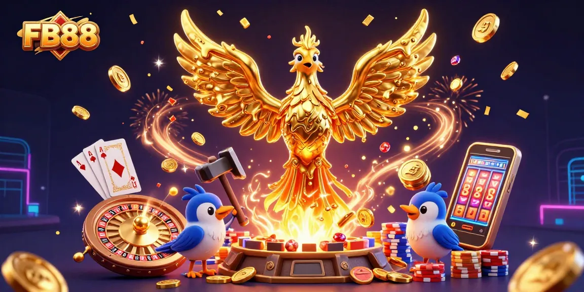 Experience thrilling wins at FB88 with a dynamic 3D scene of a golden phoenix and casino game elements.