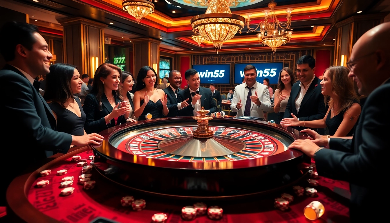 Players enjoying a lively roulette game at win55, showcasing excitement and luxury.