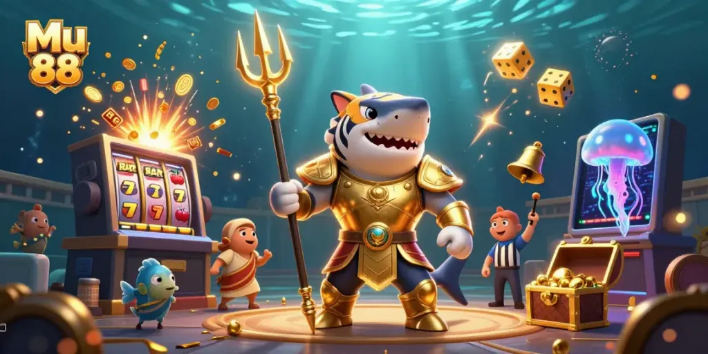 Mu 88 showcases thrilling underwater casino action with a fierce tiger shark in gladiator armor.