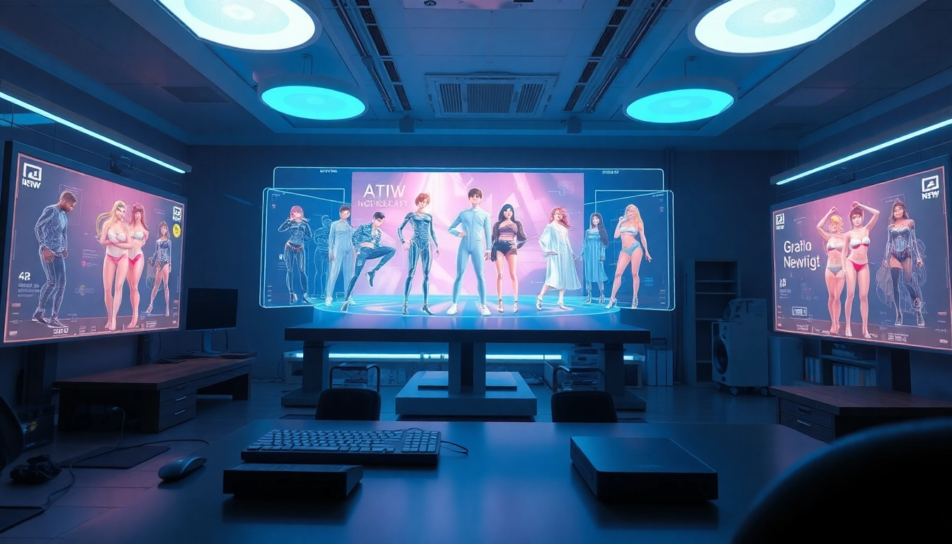 AI NSFW image showcasing a futuristic workspace with holographic displays and advanced character designs.
