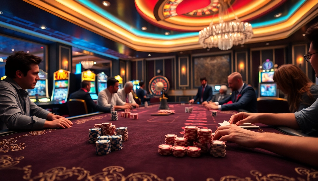 Exciting gameplay at 789club with poker chips and slot machines in a luxurious casino setting.