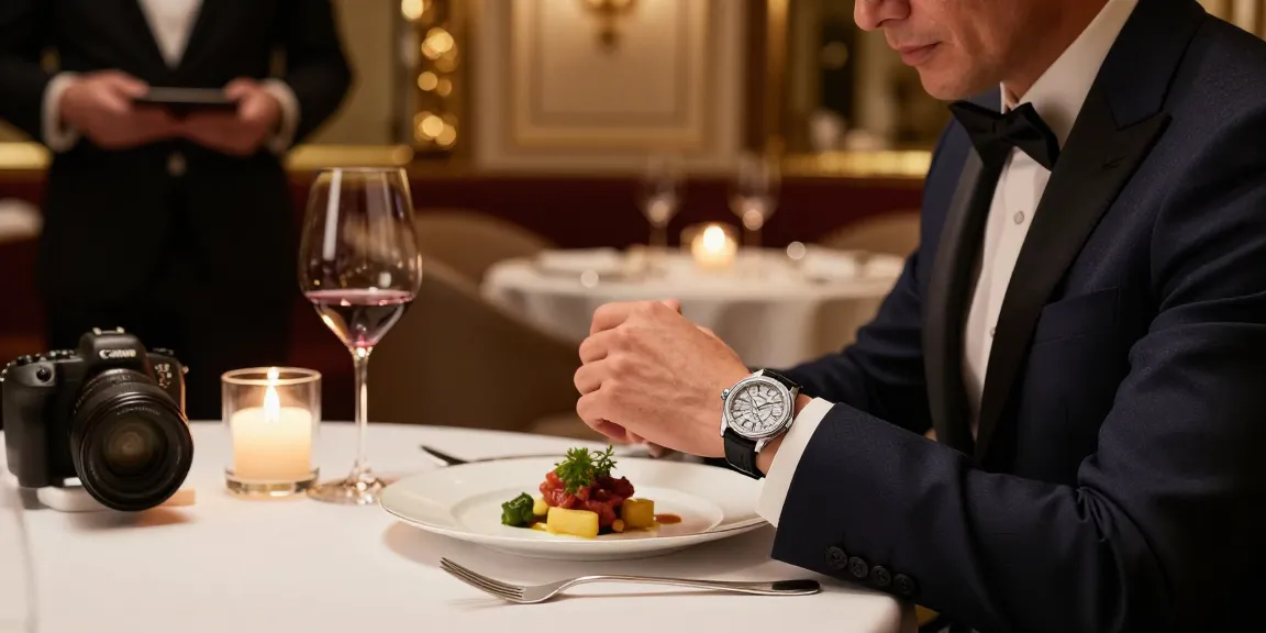 Stylish individual wearing a super clone watch at an elegant dinner, showcasing luxury and sophistication.