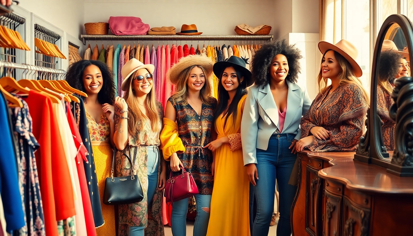 Women Fashion enthusiasts trying outfits in a stylish boutique, showcasing diversity and style.