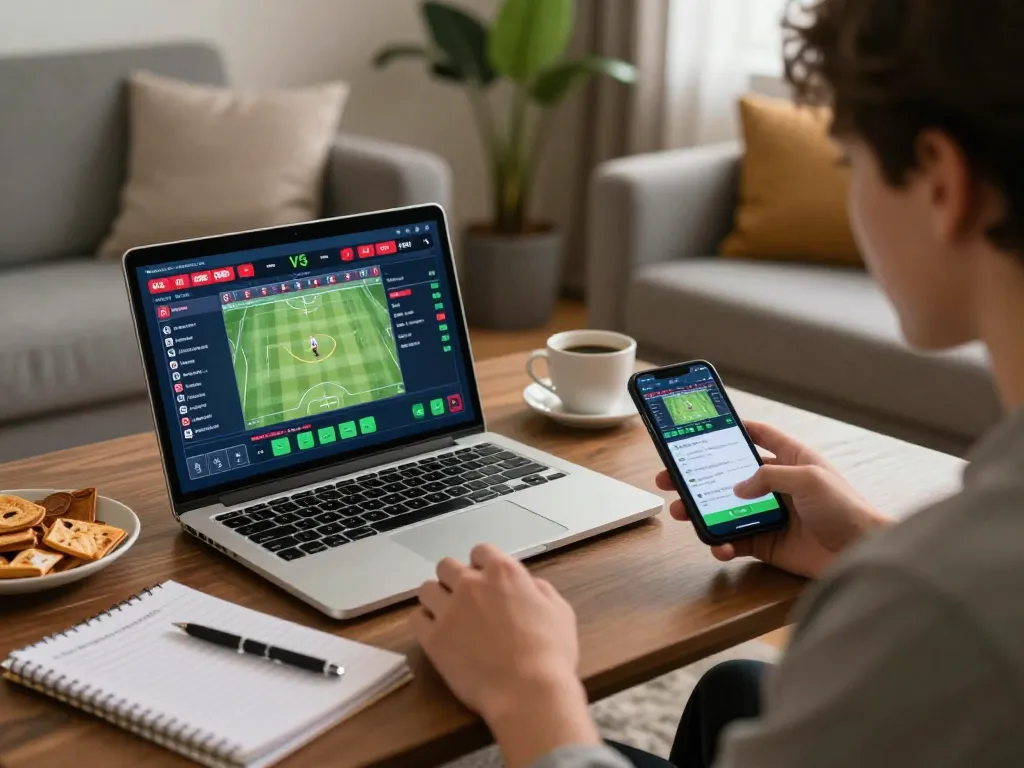 Engaged user exploring sports betting options on 8kbetbh from a cozy home setup.