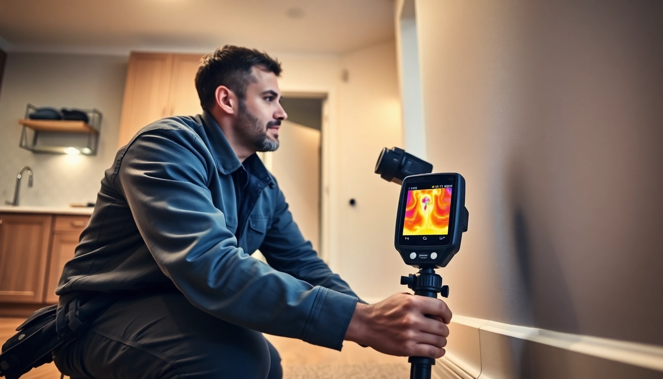 Technician conducting water leak detection with thermal imaging in a residential home.