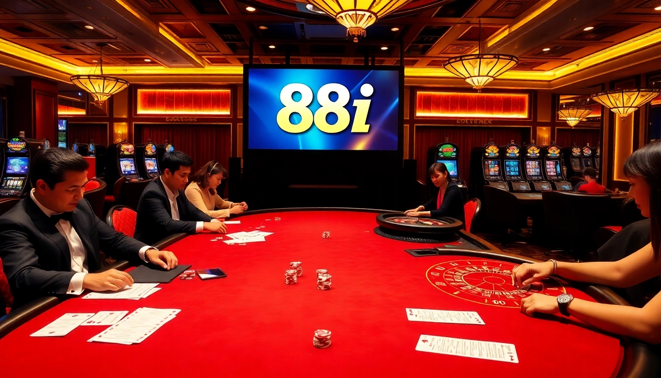 Excited players engaging in high-stakes poker and roulette at 88i casino.