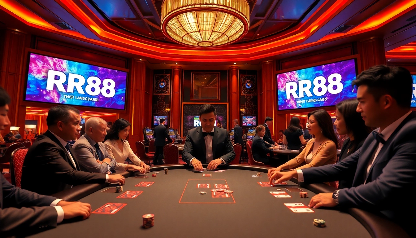 RR88 casino scene with elegant players enjoying high-stakes table games in a luxurious setting.