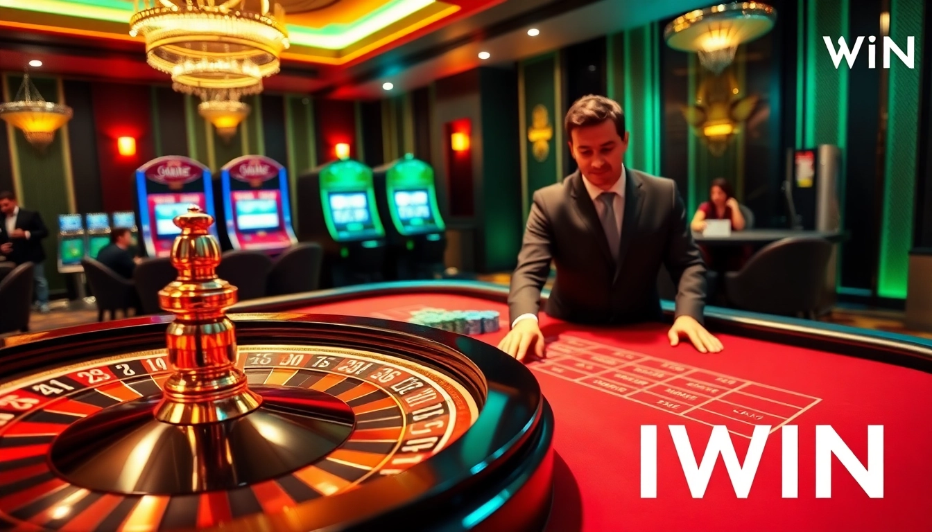 IWIN players enjoying a thrilling casino experience at a vibrant poker table with chips.