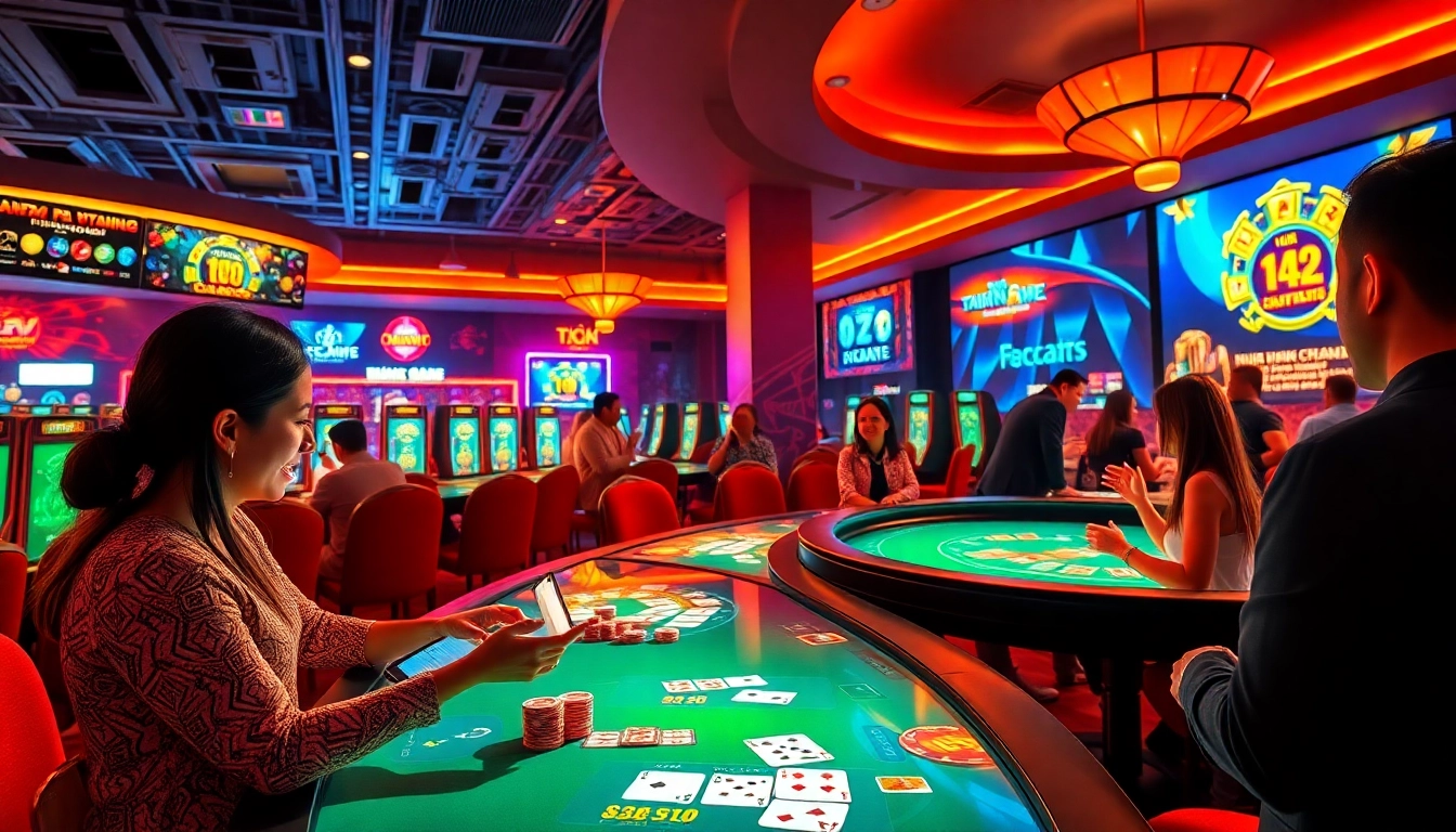 Engaging digital casino scene featuring popular card games, players, and the logo of topgamebaidoithuong.mx.